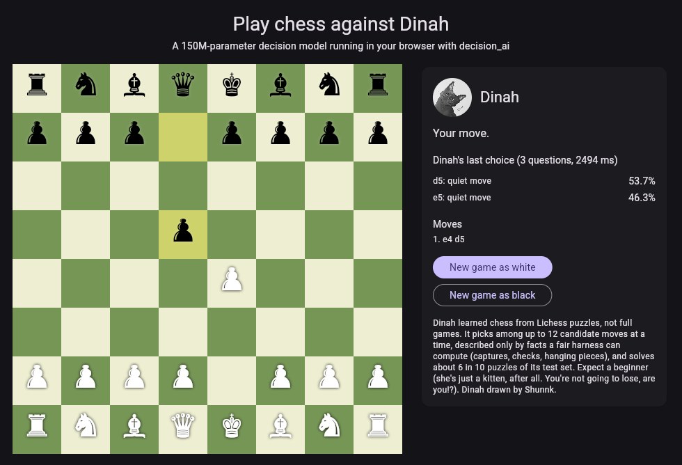 A demo "Play chess against Dinah", com a Dinah respondendo 1. e4 d5 direto no navegador